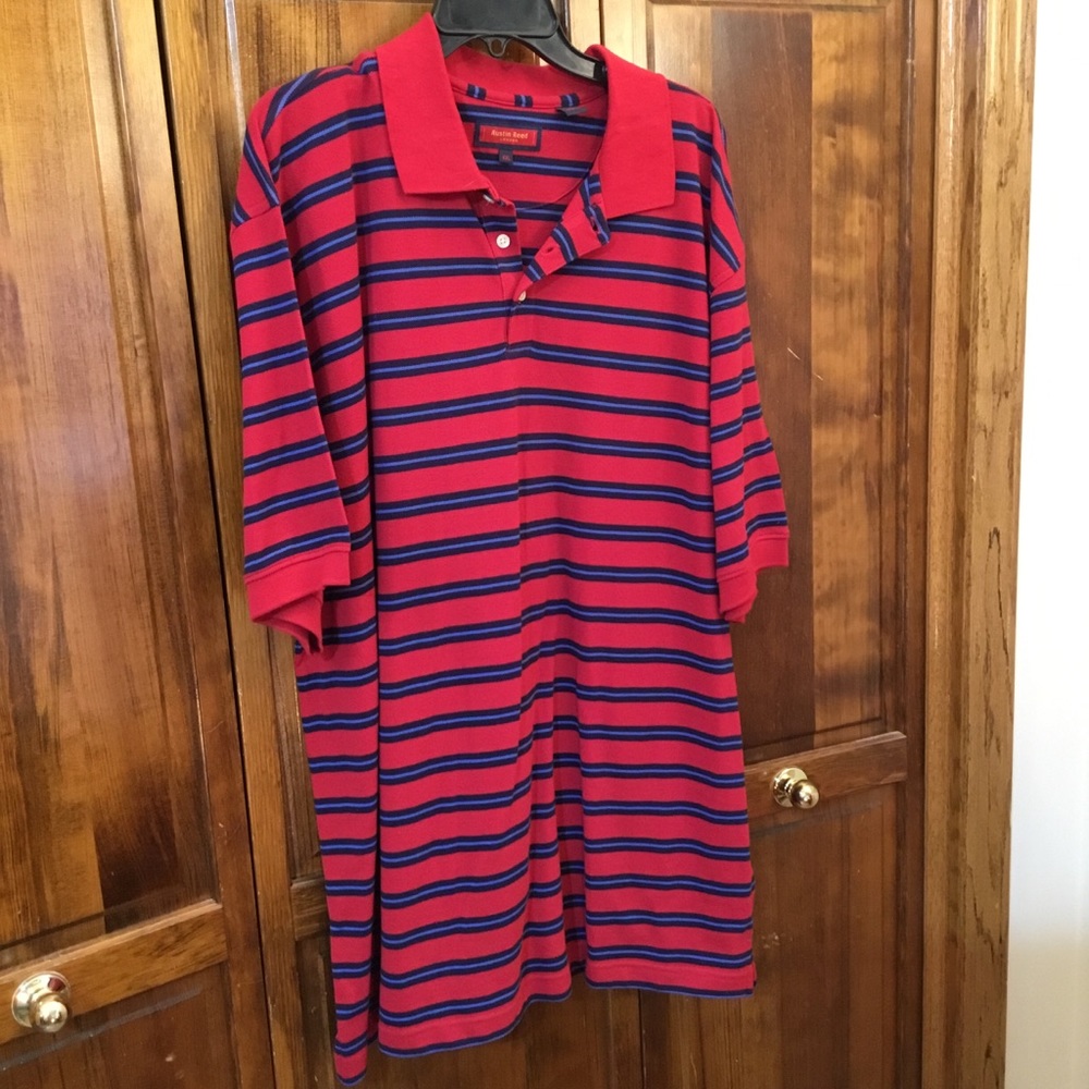 Man’s short sleeve shirt, size XXL, bright red with blue stripes
